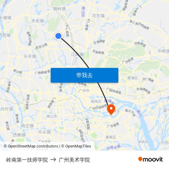 岭南第一技师学院 to 广州美术学院 map
