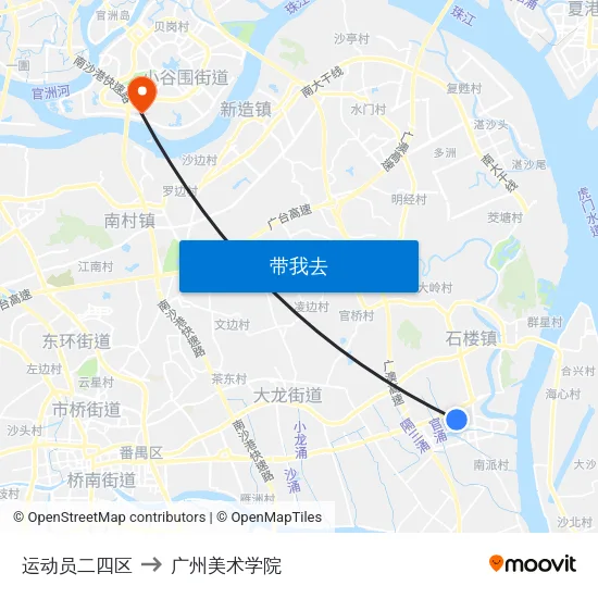 运动员二四区 to 广州美术学院 map