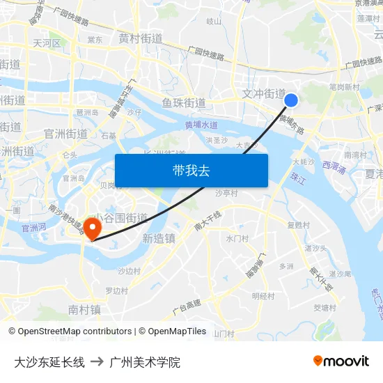 大沙东延长线 to 广州美术学院 map