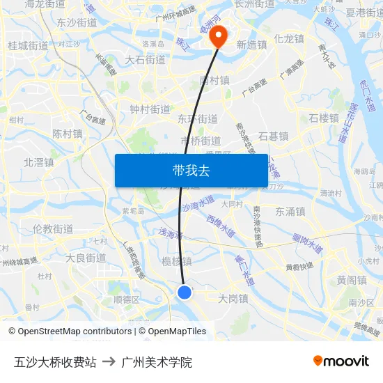 五沙大桥收费站 to 广州美术学院 map