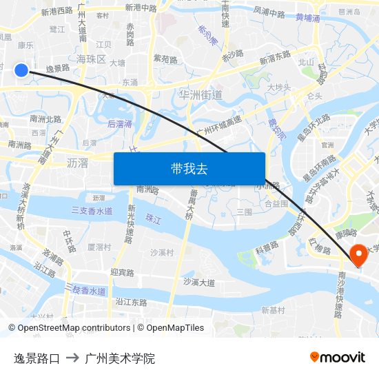 逸景路口 to 广州美术学院 map