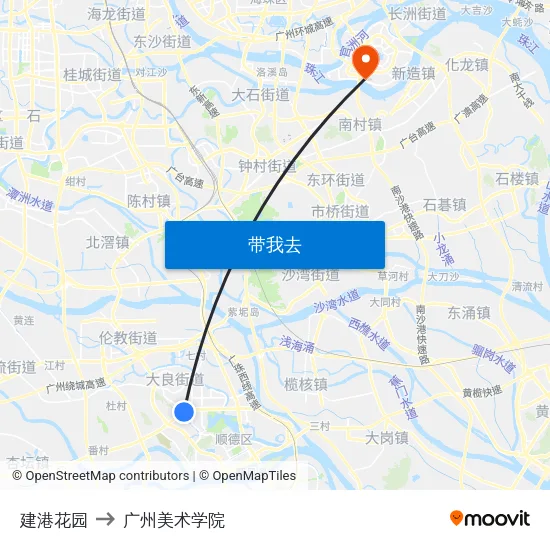 建港花园 to 广州美术学院 map