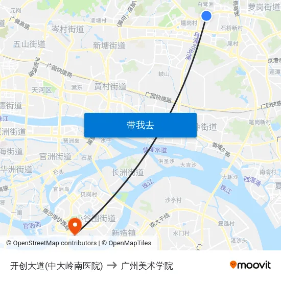 开创大道(中大岭南医院) to 广州美术学院 map