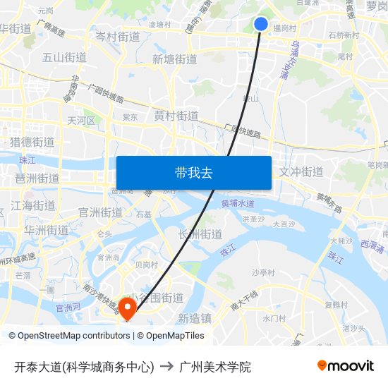 开泰大道(科学城商务中心) to 广州美术学院 map