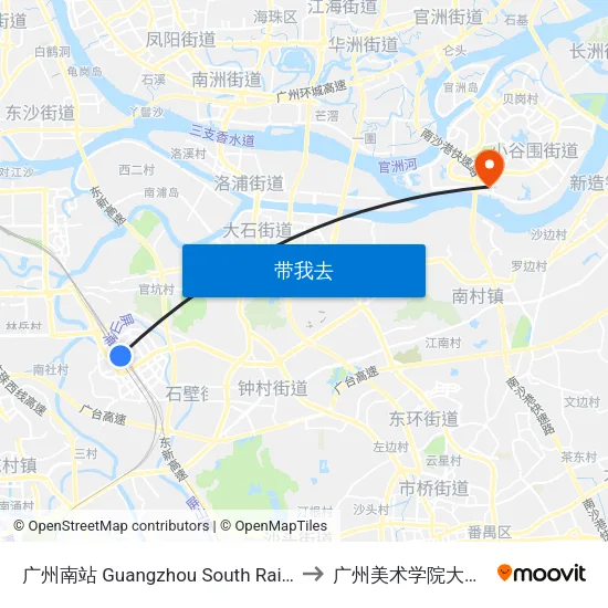 广州南站 Guangzhou South Railway Station to 广州美术学院大学城校区 map