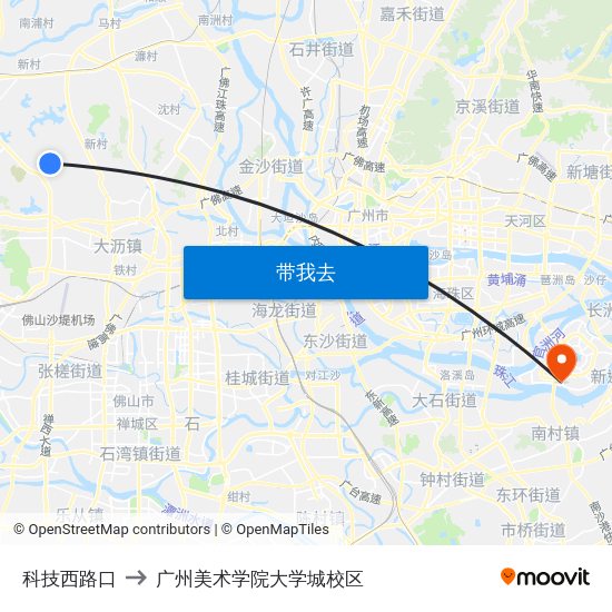科技西路口 to 广州美术学院大学城校区 map