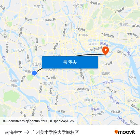 南海中学 to 广州美术学院大学城校区 map