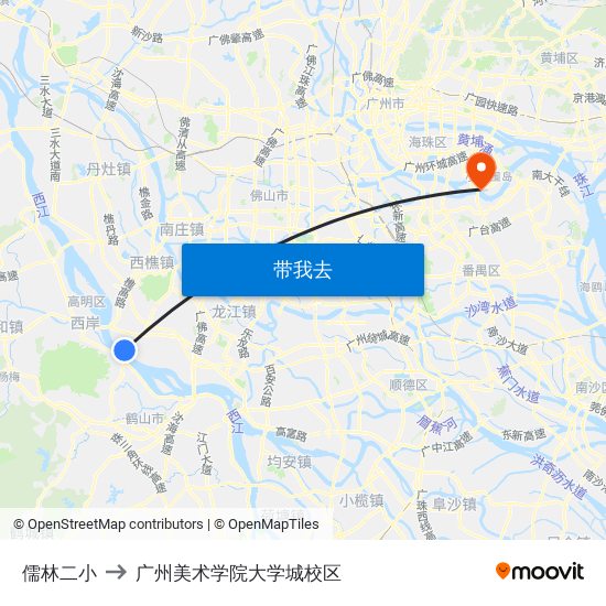 儒林二小 to 广州美术学院大学城校区 map