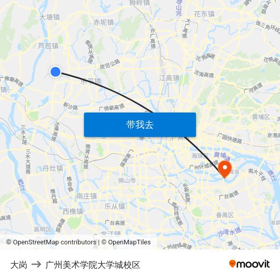 大岗 to 广州美术学院大学城校区 map