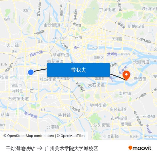 千灯湖地铁站 to 广州美术学院大学城校区 map