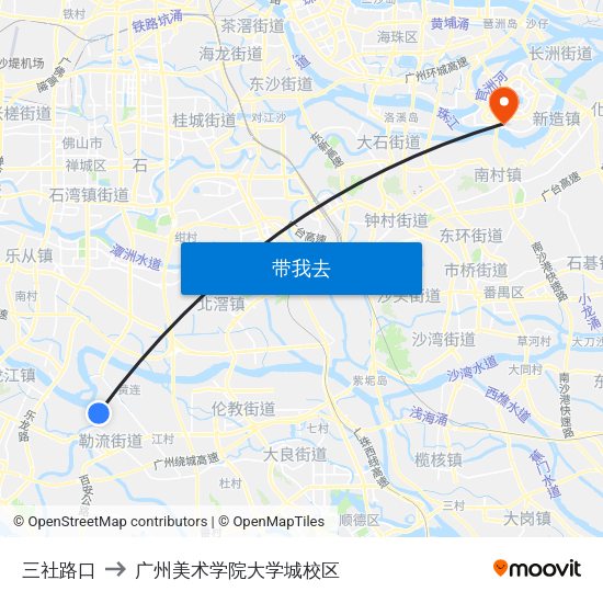 三社路口 to 广州美术学院大学城校区 map