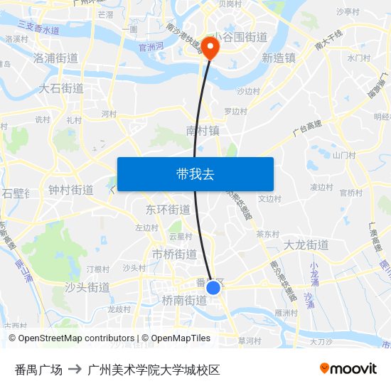 番禺广场 to 广州美术学院大学城校区 map