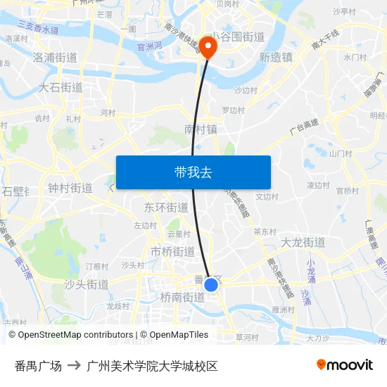番禺广场 to 广州美术学院大学城校区 map