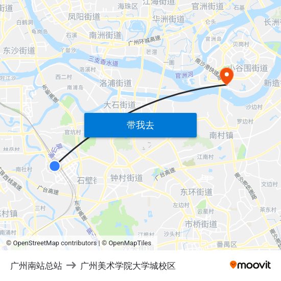 广州南站总站 to 广州美术学院大学城校区 map