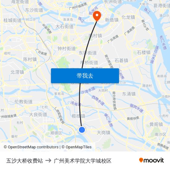 五沙大桥收费站 to 广州美术学院大学城校区 map