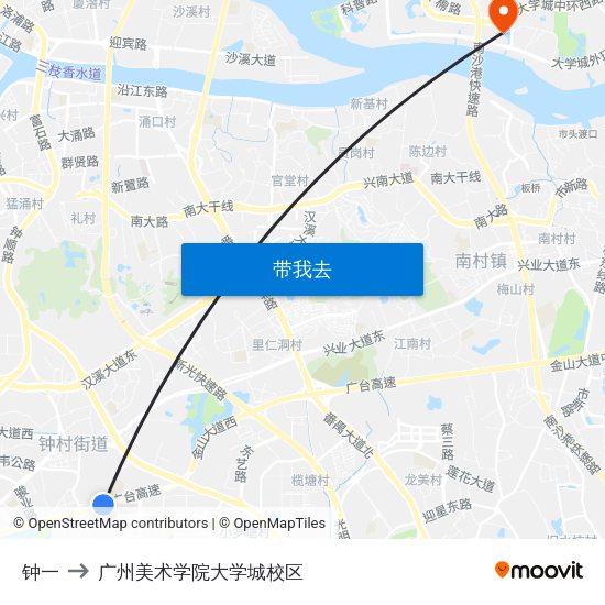 钟一 to 广州美术学院大学城校区 map