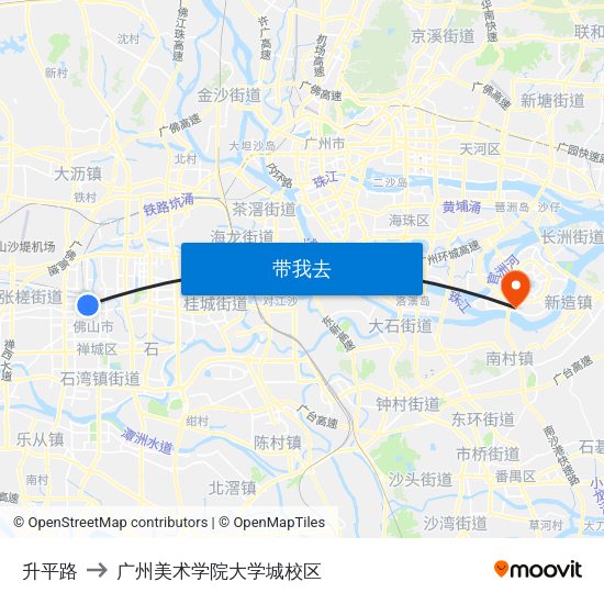 升平路 to 广州美术学院大学城校区 map