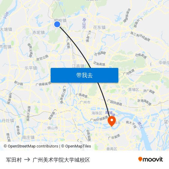 军田村 to 广州美术学院大学城校区 map