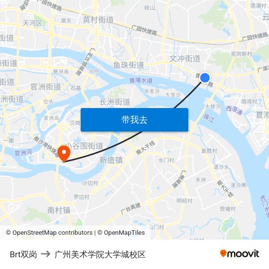 Brt双岗 to 广州美术学院大学城校区 map