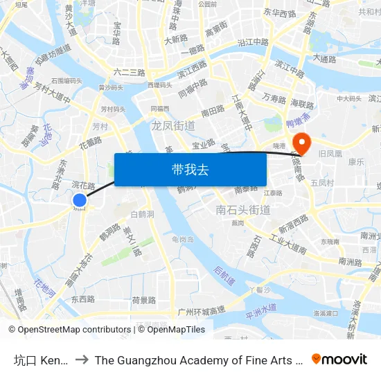 坑口 Kengkou to The Guangzhou Academy of Fine Arts 广州美术学院 map