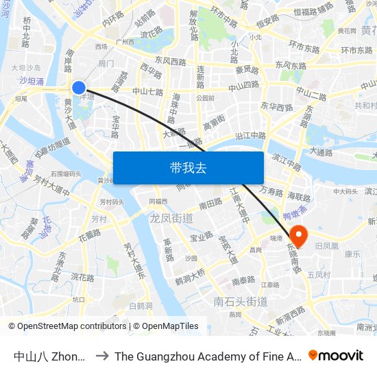 中山八 Zhongshanba to The Guangzhou Academy of Fine Arts 广州美术学院 map