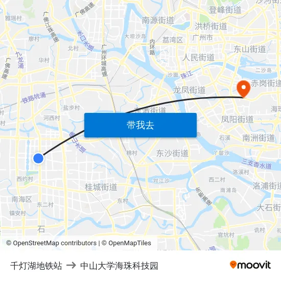 千灯湖地铁站 to 中山大学海珠科技园 map