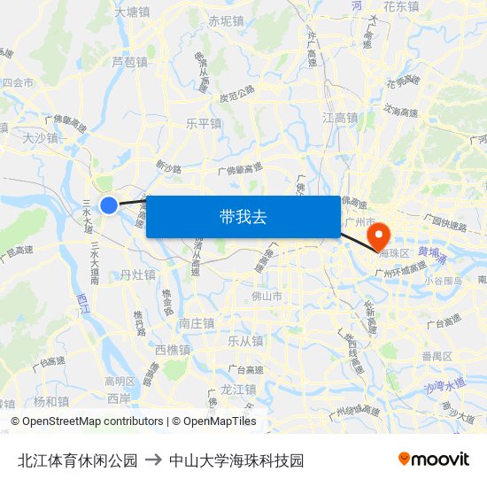 北江体育休闲公园 to 中山大学海珠科技园 map