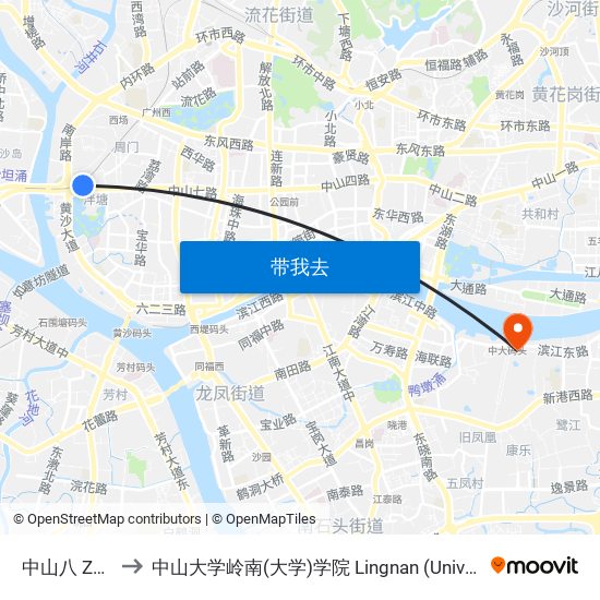 中山八 Zhongshanba to 中山大学岭南(大学)学院 Lingnan (University) College, Sun Yat-sen University map
