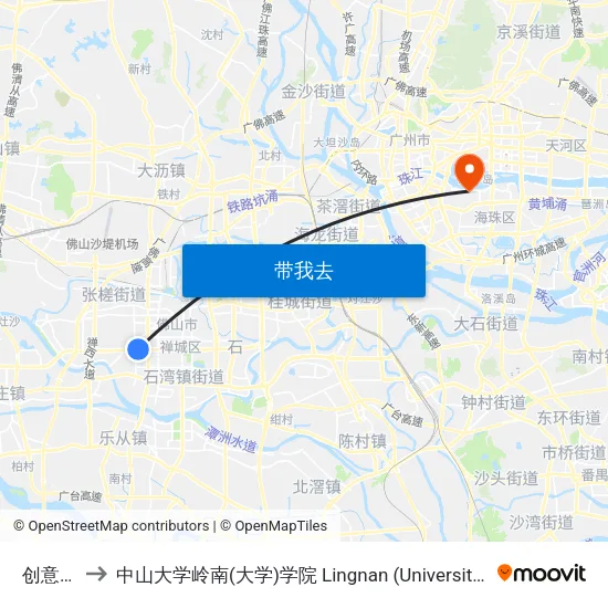 创意产业园 to 中山大学岭南(大学)学院 Lingnan (University) College, Sun Yat-sen University map