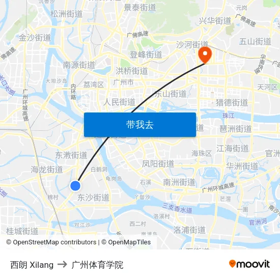 西朗 Xilang to 广州体育学院 map