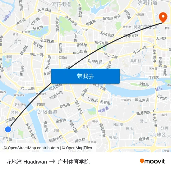 花地湾 Huadiwan to 广州体育学院 map