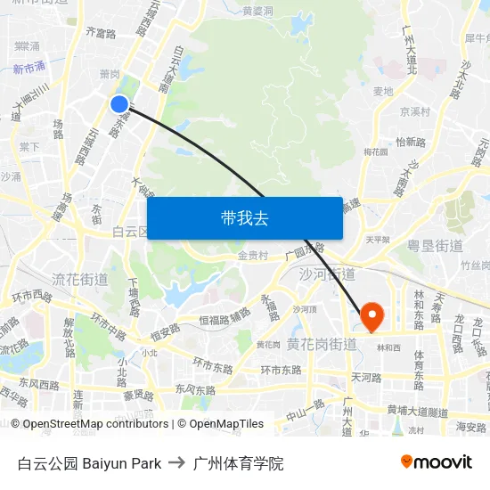 白云公园 Baiyun Park to 广州体育学院 map