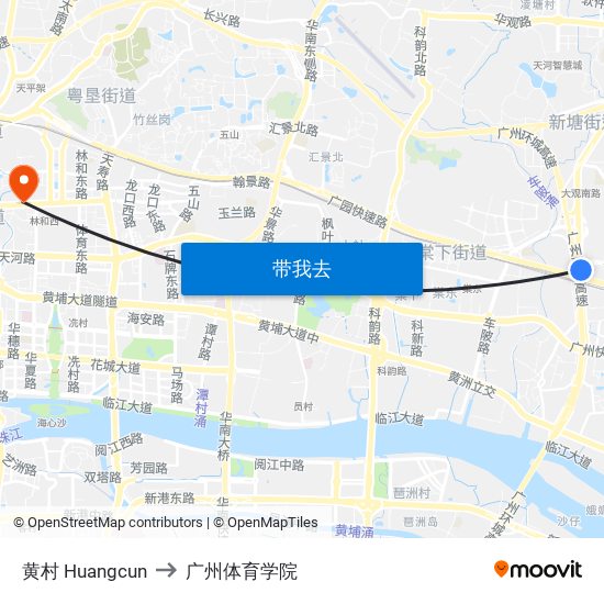 黄村 Huangcun to 广州体育学院 map