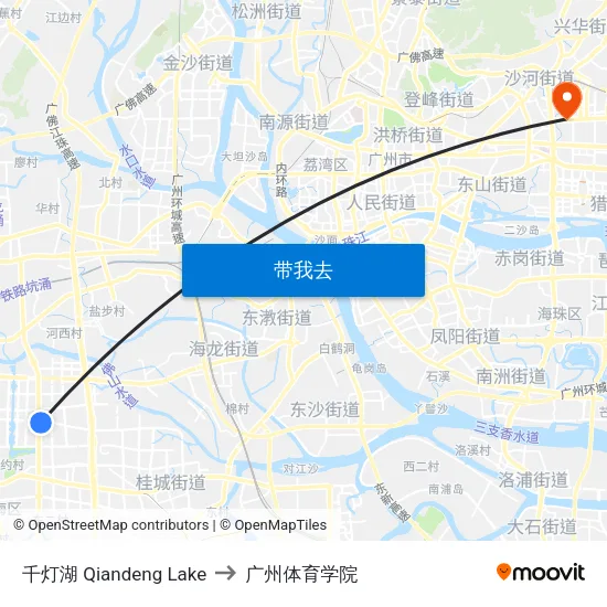 千灯湖 Qiandeng Lake to 广州体育学院 map