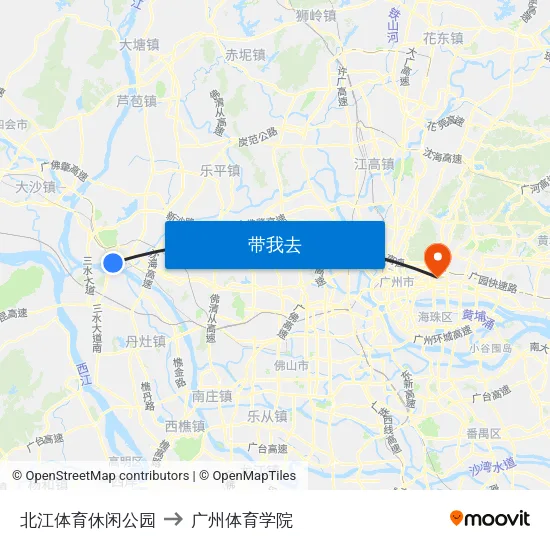 北江体育休闲公园 to 广州体育学院 map