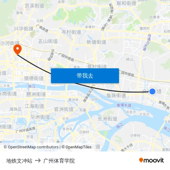 地铁文冲站 to 广州体育学院 map