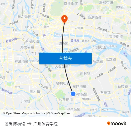 番禺博物馆 to 广州体育学院 map