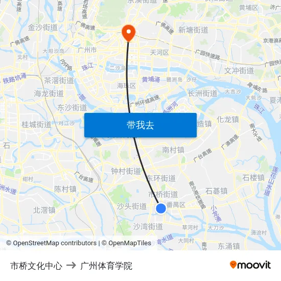市桥文化中心 to 广州体育学院 map
