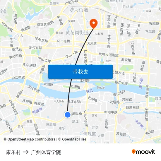 康乐村 to 广州体育学院 map