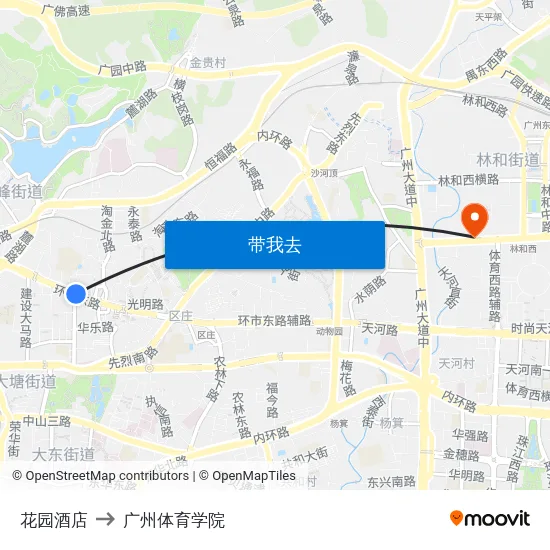 花园酒店 to 广州体育学院 map