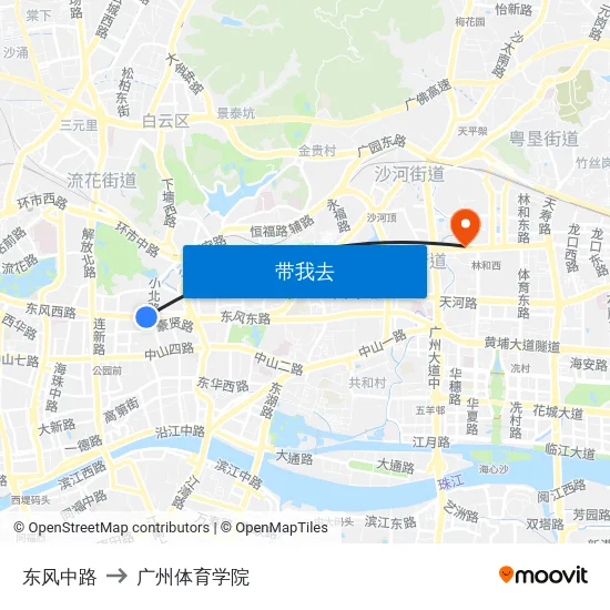 东风中路 to 广州体育学院 map