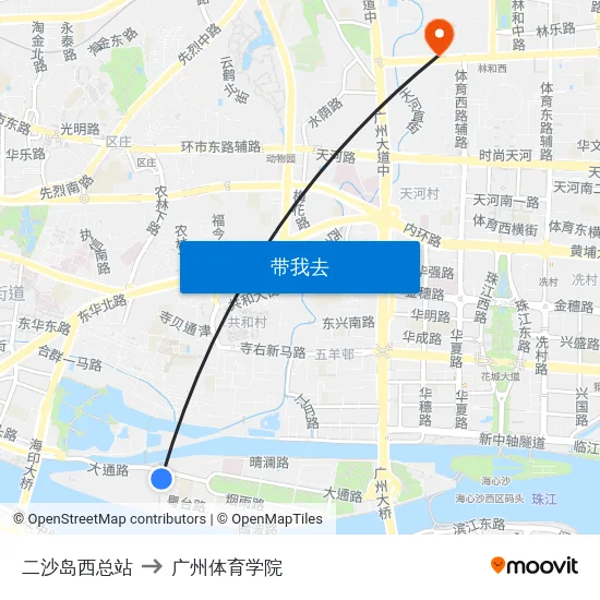 二沙岛西总站 to 广州体育学院 map