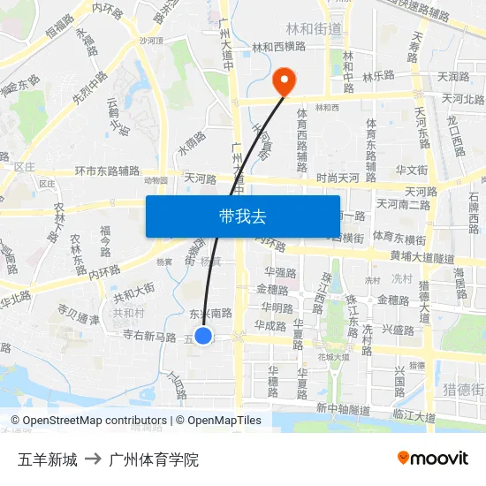 五羊新城 to 广州体育学院 map