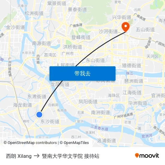 西朗 Xilang to 暨南大学华文学院 接待站 map