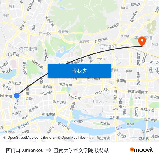 西门口 Ximenkou to 暨南大学华文学院 接待站 map