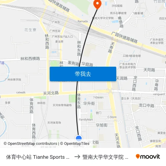 体育中心站 Tianhe Sports Center to 暨南大学华文学院 接待站 map