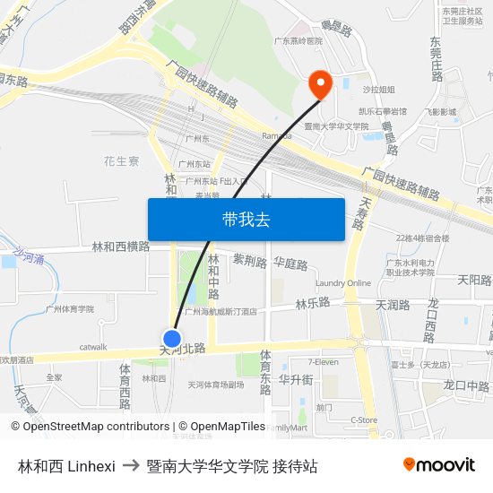 林和西 Linhexi to 暨南大学华文学院 接待站 map