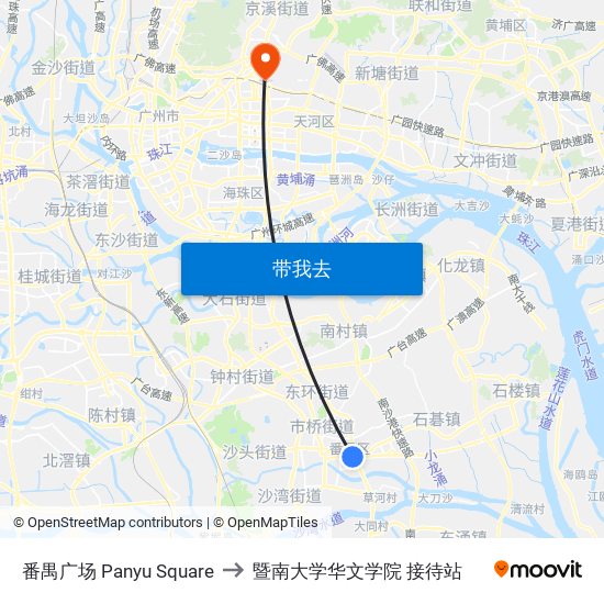 番禺广场 Panyu Square to 暨南大学华文学院 接待站 map