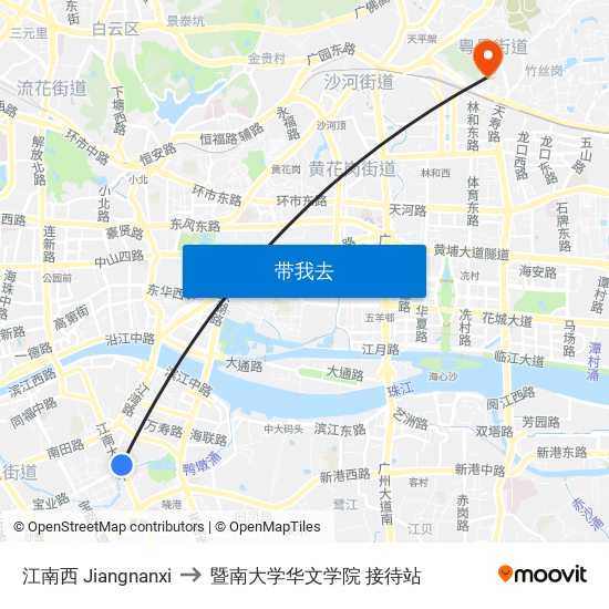 江南西 Jiangnanxi to 暨南大学华文学院 接待站 map