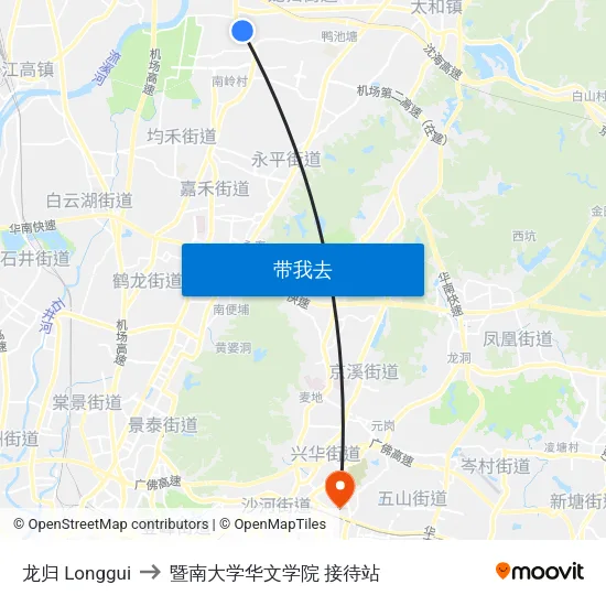 龙归 Longgui to 暨南大学华文学院 接待站 map